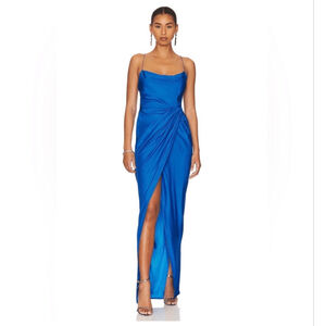 Women's GAUGE8 Blue Cowl Neck Ruched Slit Maxi Dress M